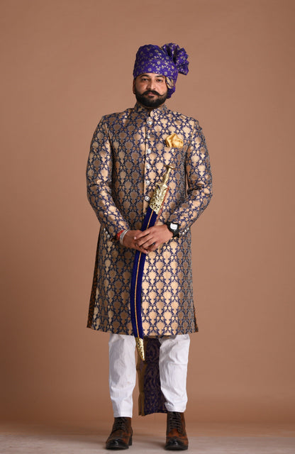 Handmade Navy Blue and Golden Brocade Silk Achkan