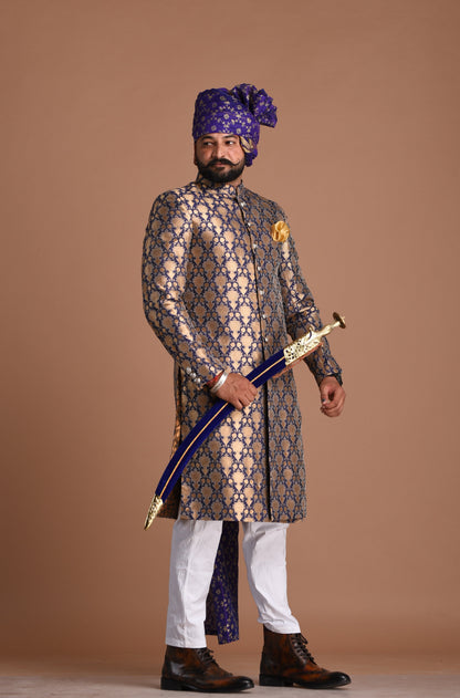 Handmade Navy Blue and Golden Brocade Silk Achkan