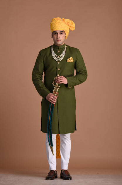 Battle Green Color Maharaja Style Achkan