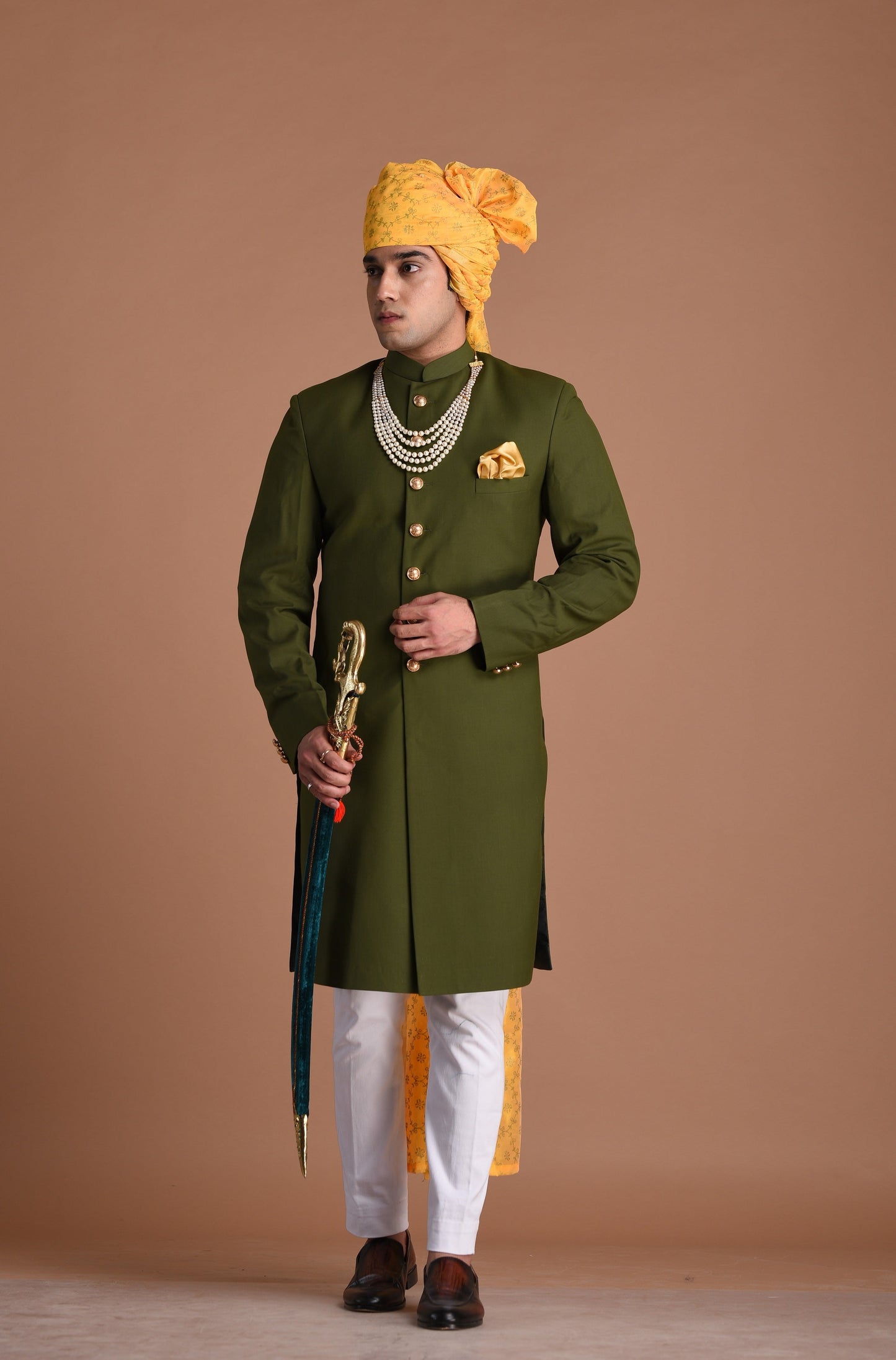 Battle Green Color Maharaja Style Achkan