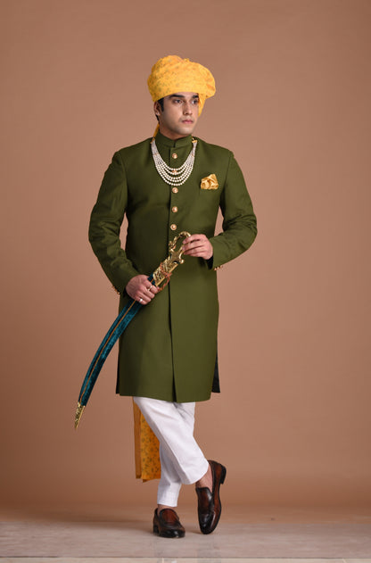 Battle Green Color Maharaja Style Achkan