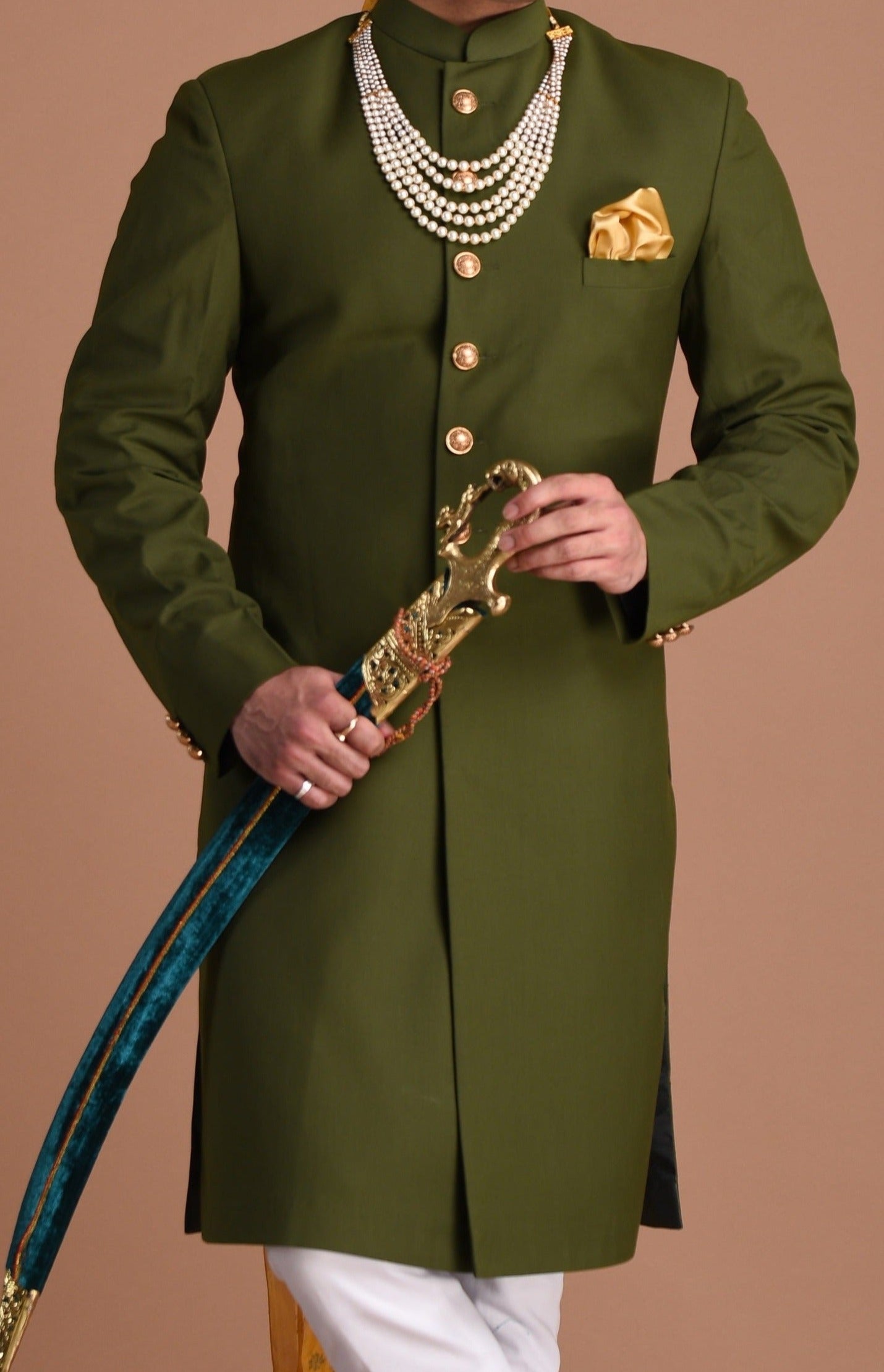 Battle Green Color Maharaja Style Achkan