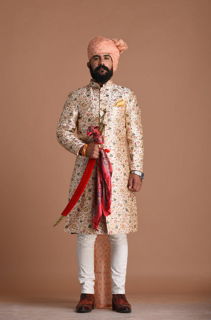 Royal Banarasi Heavy Floral Embroidery Cream Sherwani