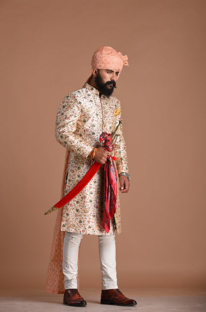 Royal Banarasi Heavy Floral Embroidery Cream Sherwani