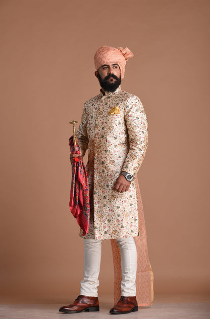 Royal Banarasi Heavy Floral Embroidery Cream Sherwani