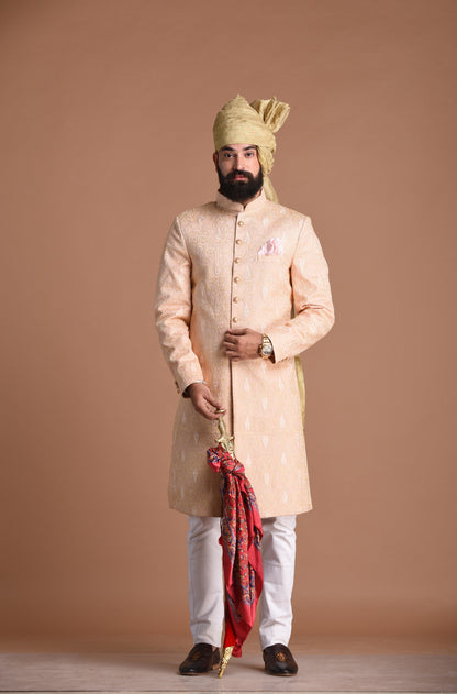 Lucknowi Chikankari Embroidered Peach Color Sherwani