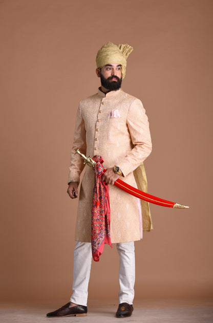 Lucknowi Chikankari Embroidered Peach Color Sherwani