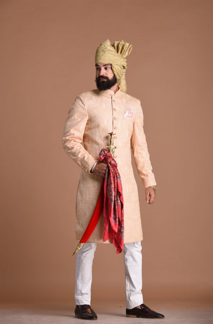 Lucknowi Chikankari Embroidered Peach Color Sherwani