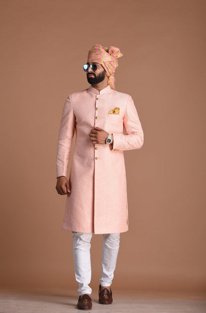 Pink Color Royal Club Pattern Brocade Silk Sherwani