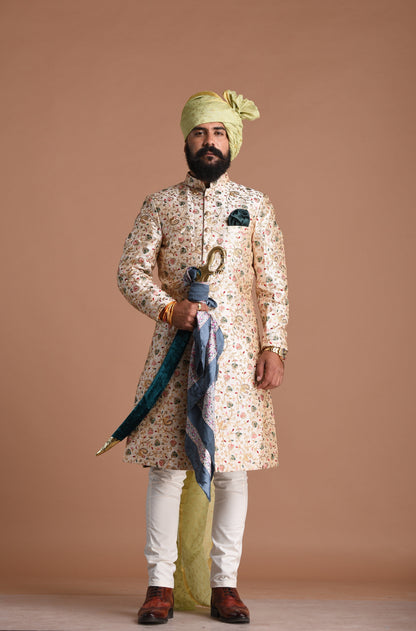 Royal Banarasi Heavy Floral Embroidery Cream Sherwani