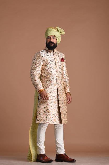 Royal Banarasi Heavy Floral Embroidery Cream Sherwani