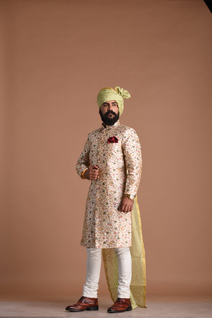 Royal Banarasi Heavy Floral Embroidery Cream Sherwani