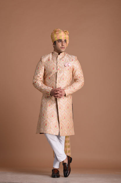 Lucknowi Heavy Embroidered Light Pink Royal Sherwani