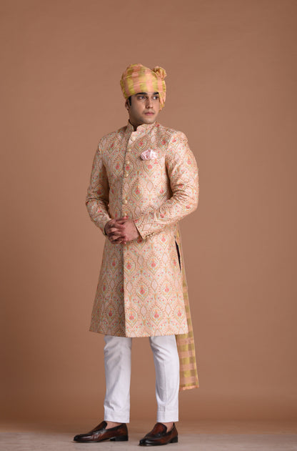 Lucknowi Heavy Embroidered Light Pink Royal Sherwani