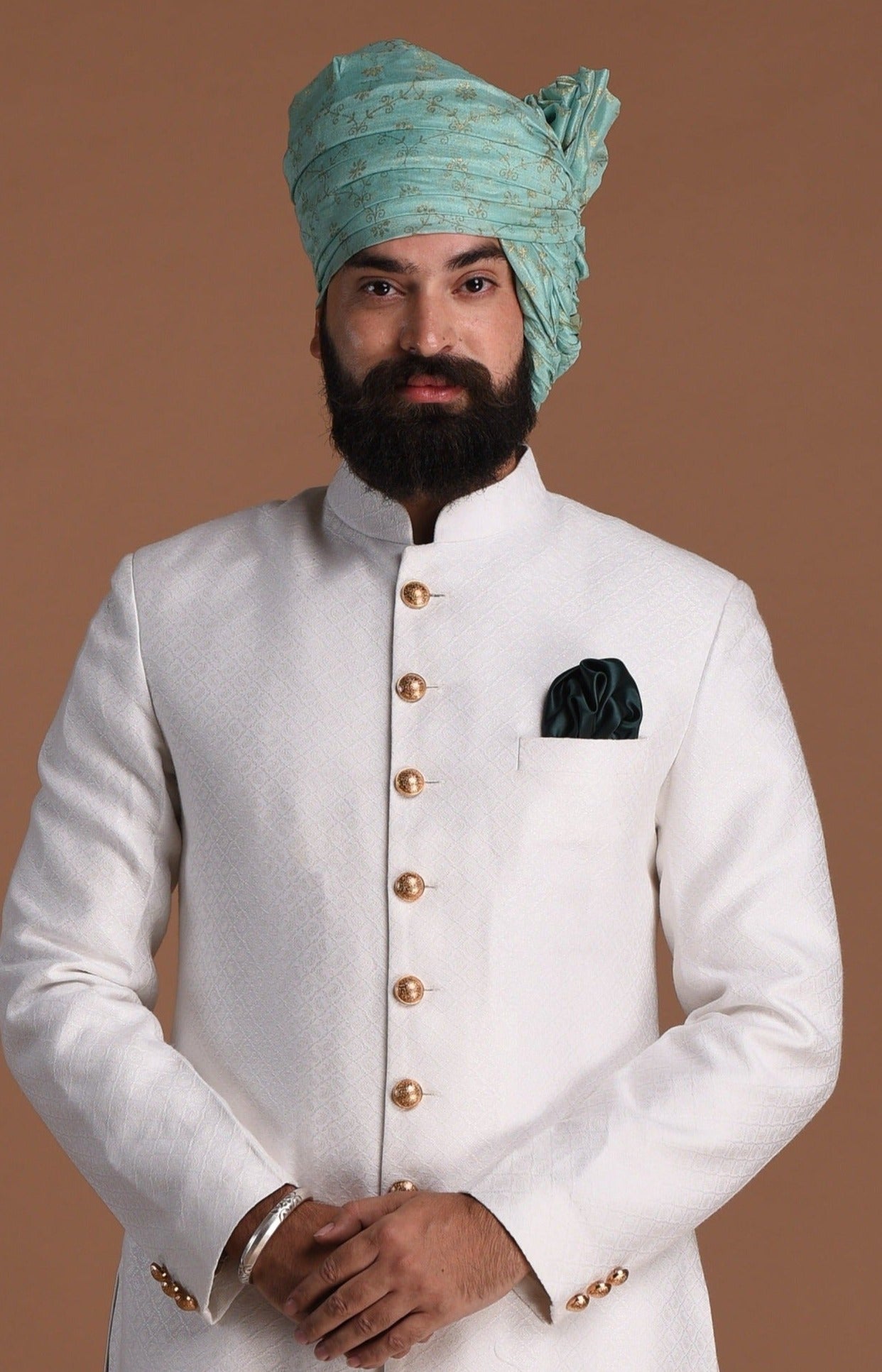 Royal Pearl White Handloom Cotton Jacquard Achkan