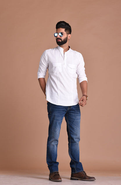 White Pure Cotton Fabric Hunting Style Short Kurta