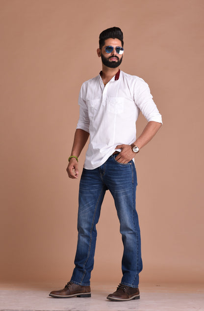 White Pure Cotton Fabric Hunting Style Short Kurta