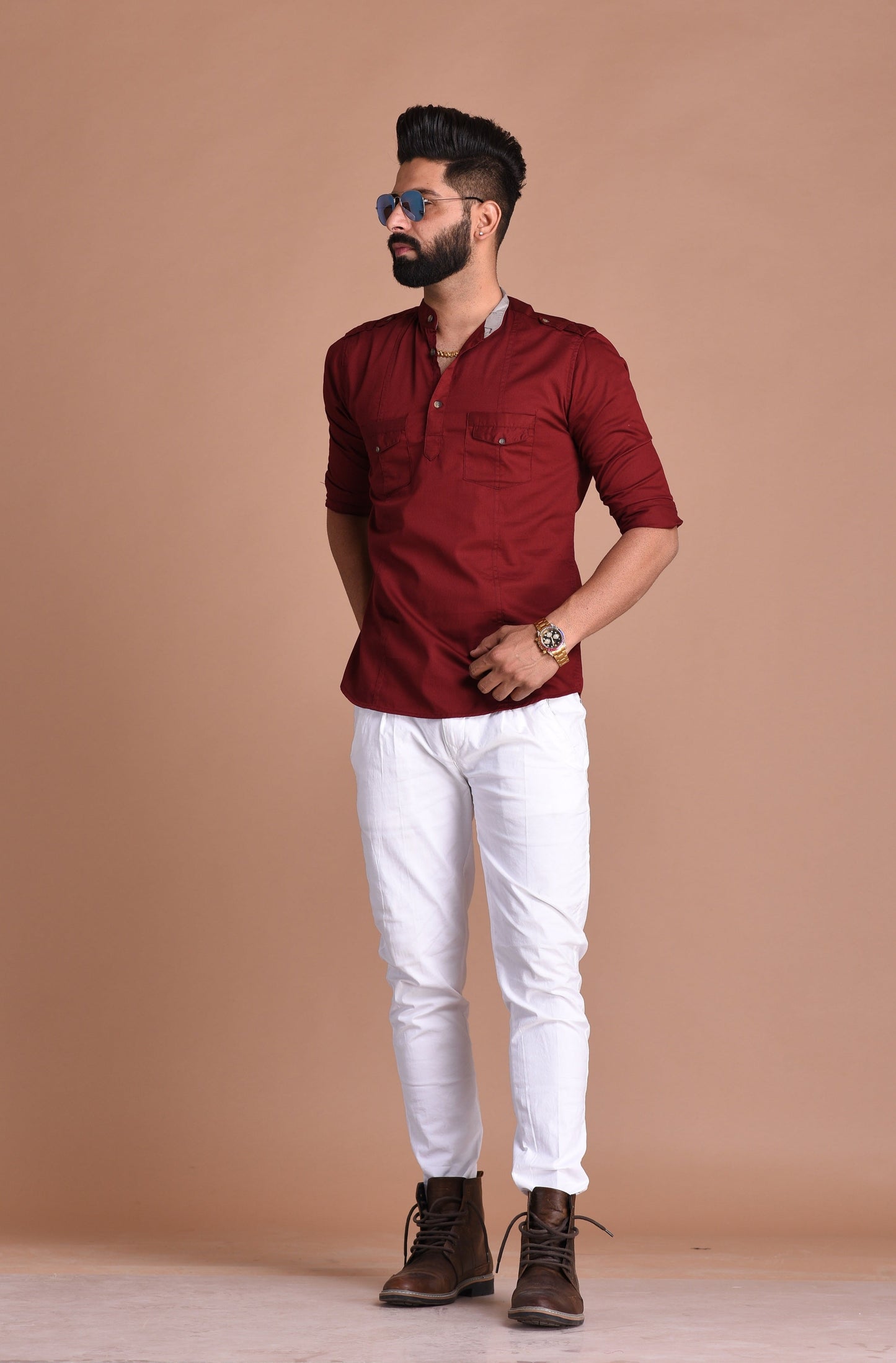 Red Color Pure Cotton Fabric Hunting Style Short Kurta