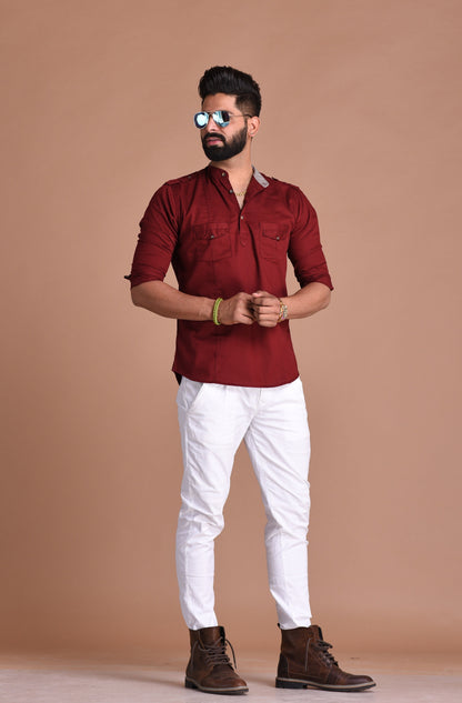 Red Color Pure Cotton Fabric Hunting Style Short Kurta