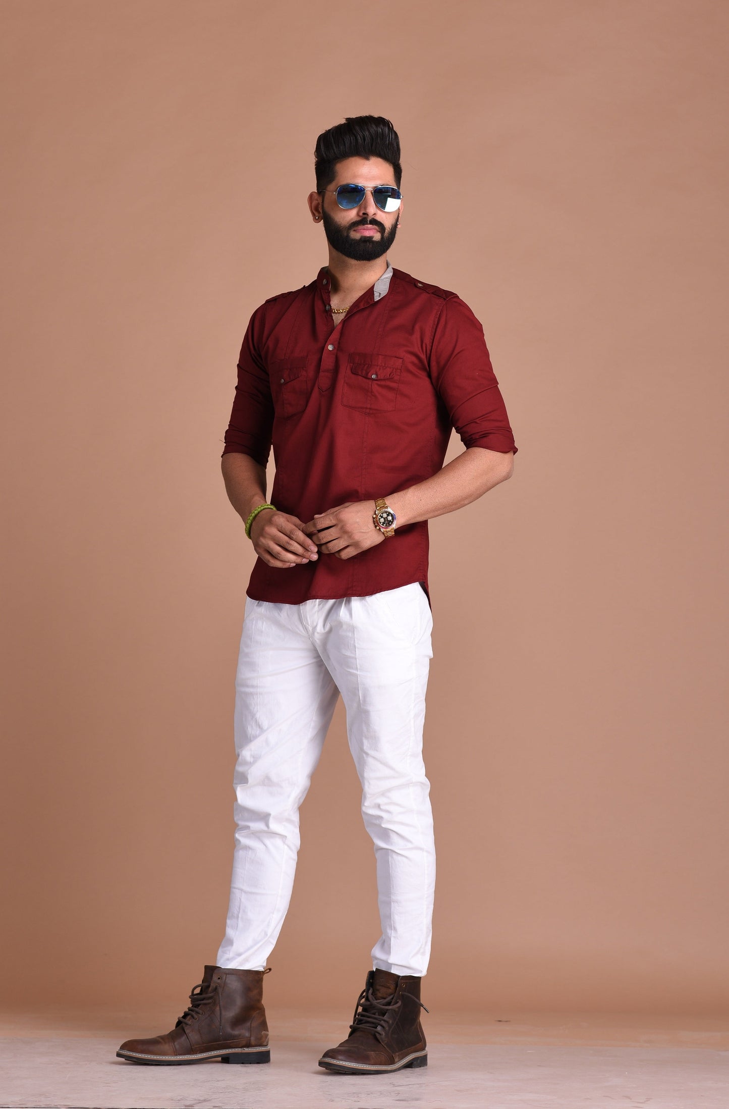 Red Color Pure Cotton Fabric Hunting Style Short Kurta
