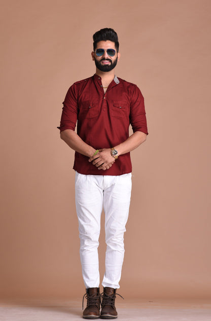 Red Color Pure Cotton Fabric Hunting Style Short Kurta