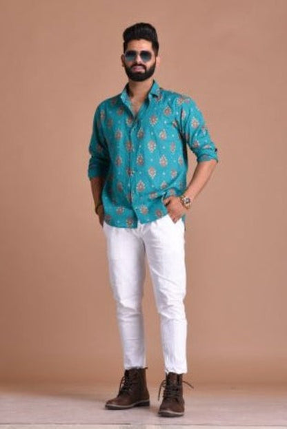 Jade Green Color Sanganeri Printed Shirt