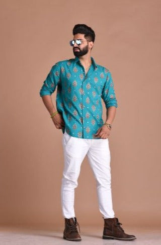 Jade Green Color Sanganeri Printed Shirt