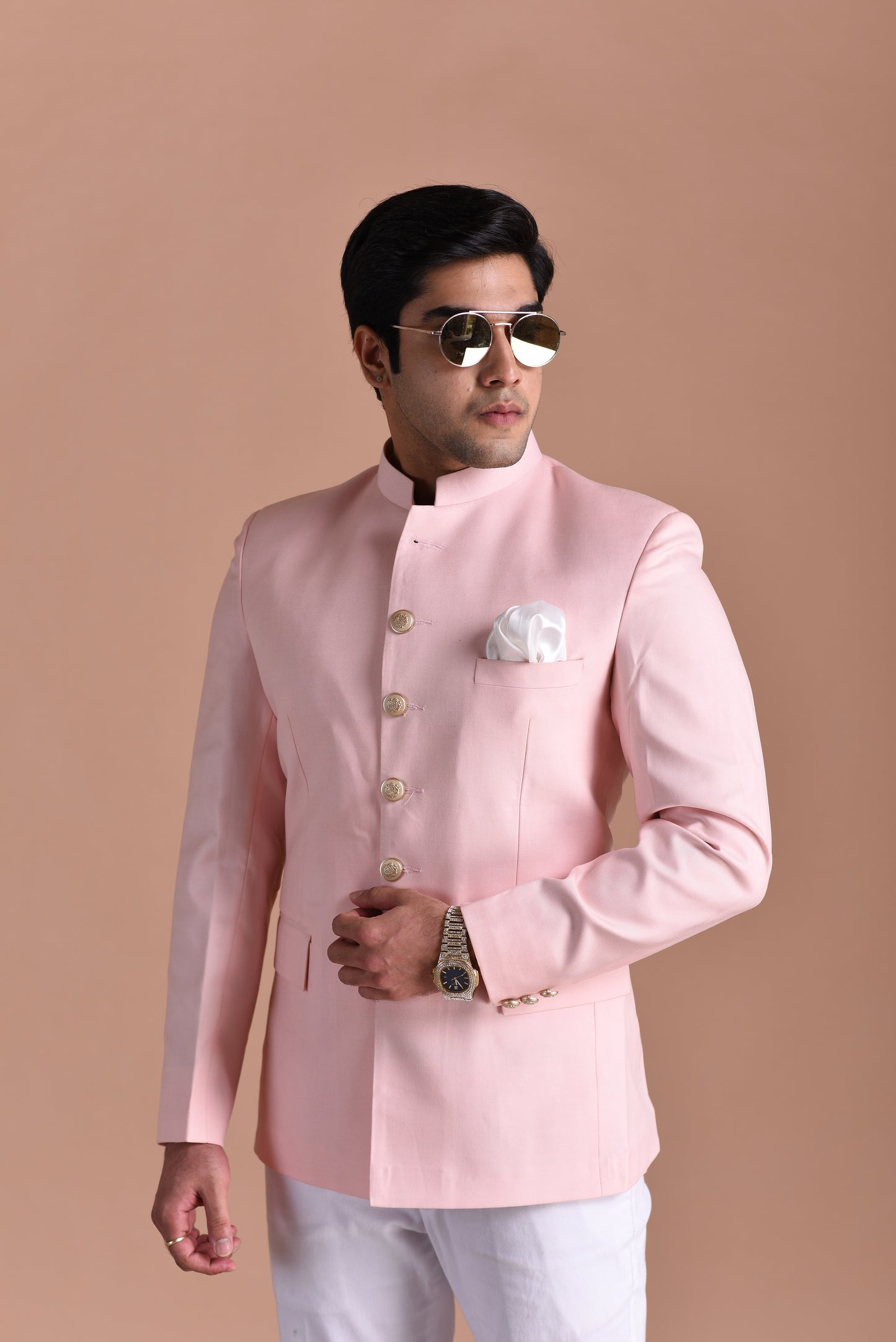 Light Pink Bandhgala Jodhpuri Designer Blazer With White Trouser
