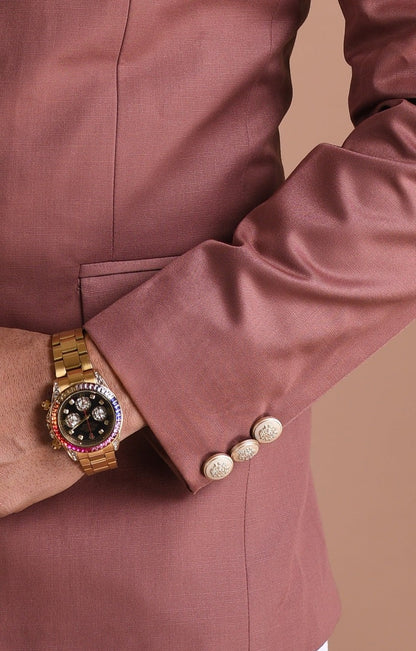 Rosewood Bandhgala Jodhpuri Designer Blazer With White Trouser