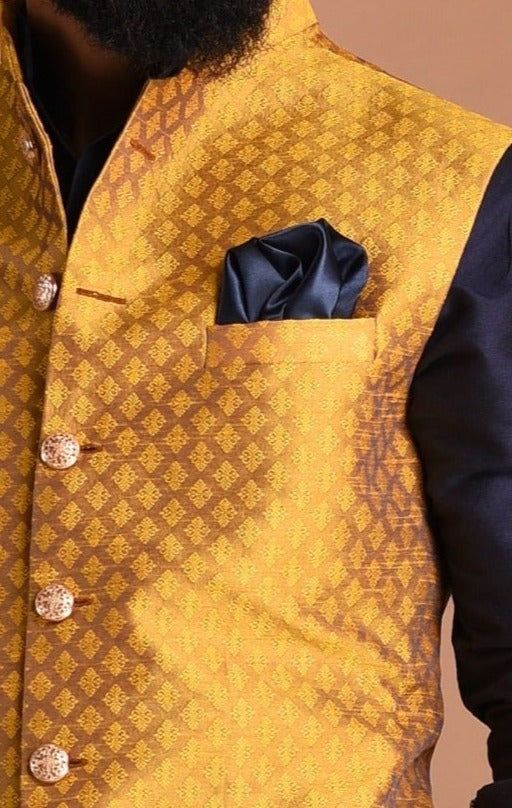 Men's Peach and Golden Woven Design Nehru Jacket – Jompers
