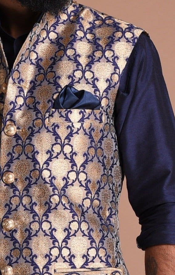 Diamond Pattern Brocade Silk Navy Blue Golden Jacket With Kurta Pajama