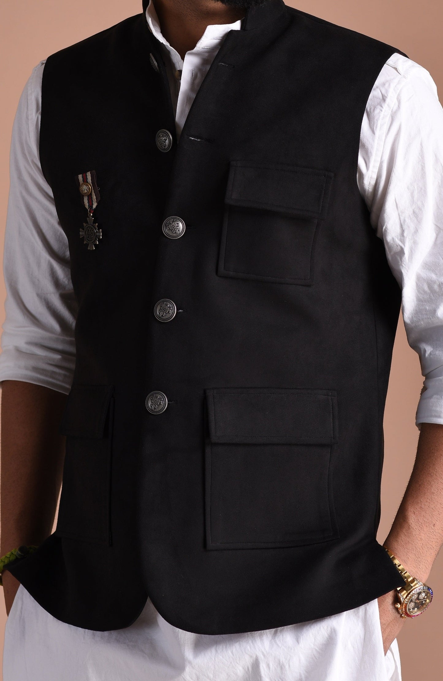 Three Pocket Black Suede Leather Half Jodhpuri Jacket with Kurta Pajama