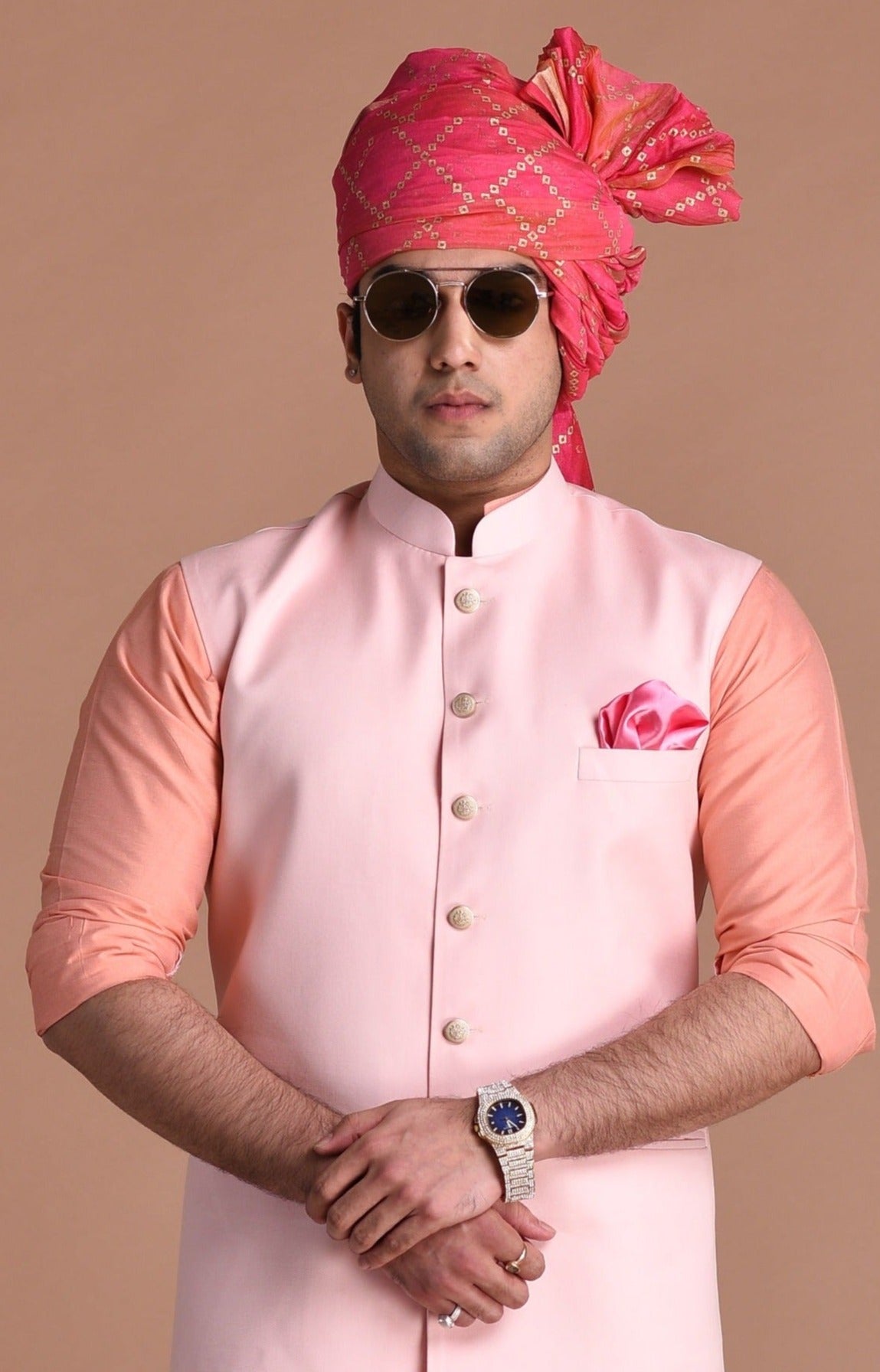 Pink Couple Combo in Pure Cotton With Bandhani Print Women Kurti With Men's Kurta  Jacket Set in USA, UK, Malaysia, South Africa, Dubai, Singapore