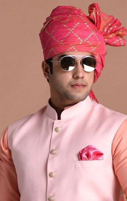 Pink Terry Rayon Nehru Jacket With Peach Silk Kurta Pajama Set