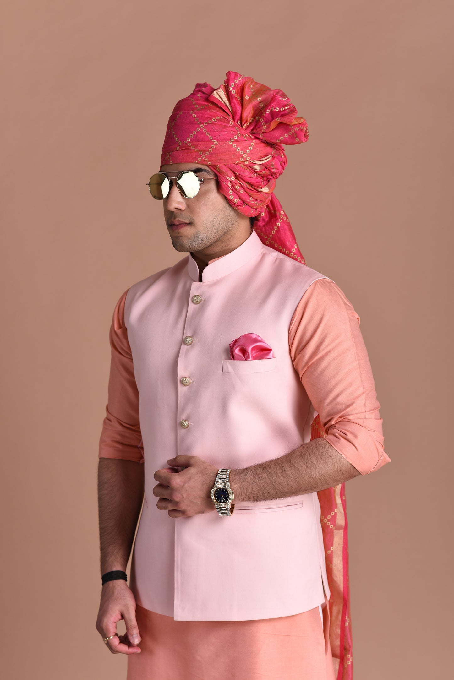 Pink Terry Rayon Nehru Jacket With Peach Silk Kurta Pajama Set