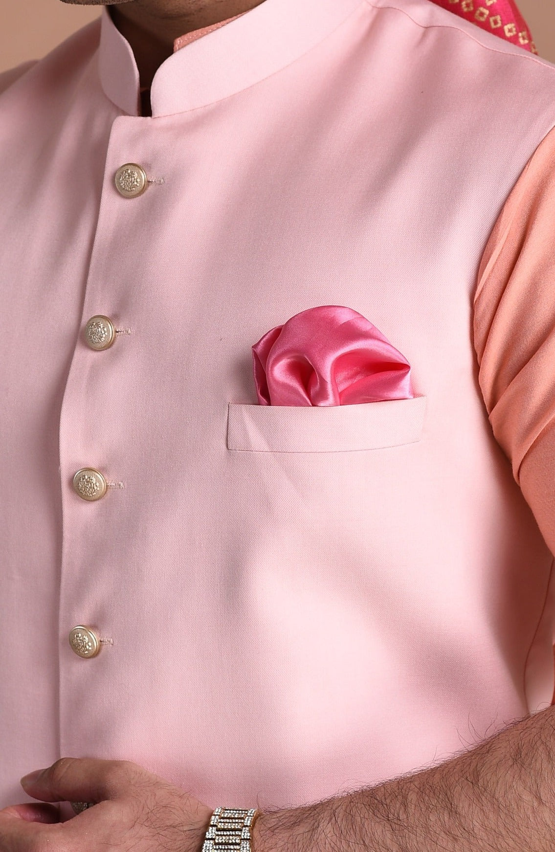 Pink Terry Rayon Nehru Jacket With Peach Silk Kurta Pajama Set