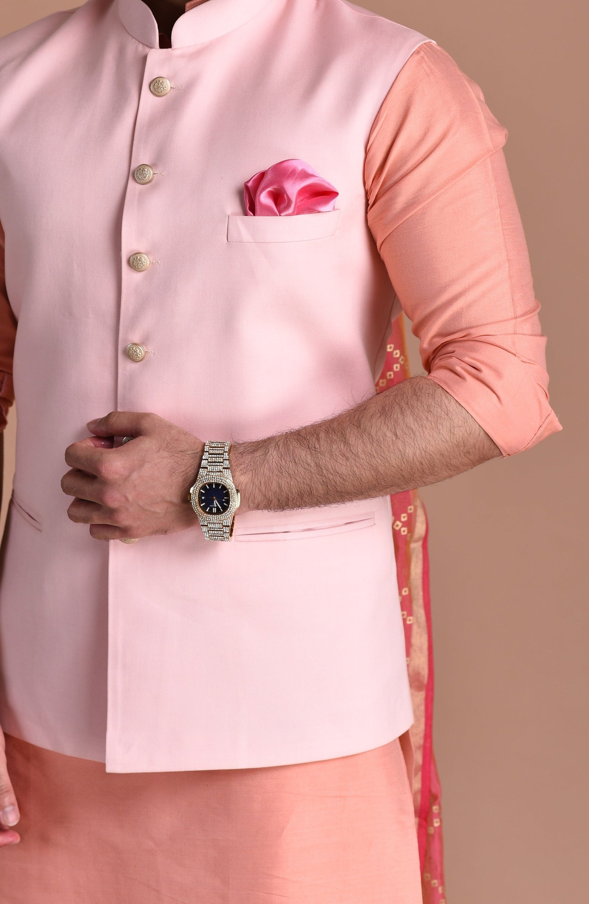 Pink Terry Rayon Nehru Jacket With Peach Silk Kurta Pajama Set My Personal Fit XS