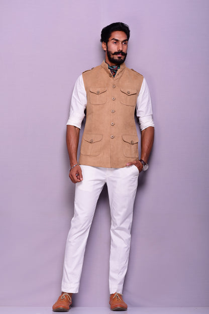 Wheat Brown Suede Leather Semi Hunting Jacket