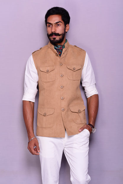 Wheat Brown Suede Leather Semi Hunting Jacket