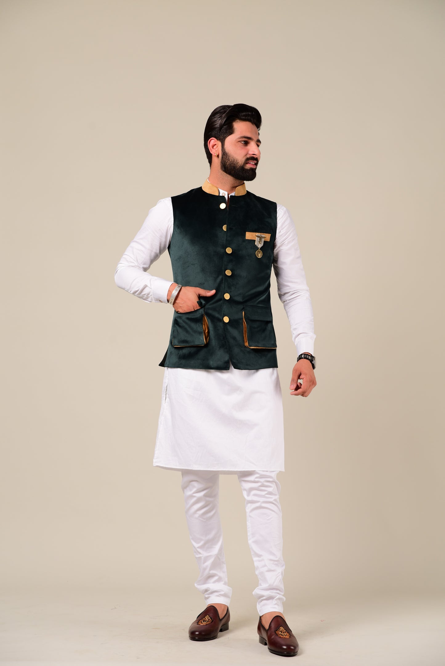 Modishly Styled Puff Pocket Green Velvet Nehru Jacket with White Kurta Pajama