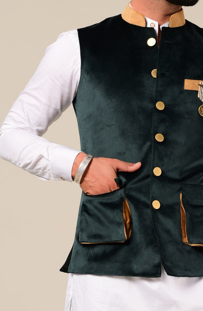 Modishly Styled Puff Pocket Green Velvet Nehru Jacket with White Kurta Pajama