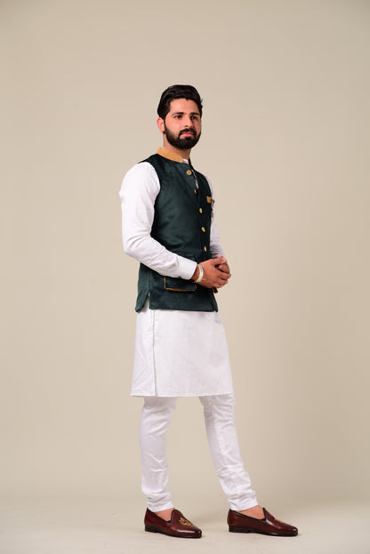 Modishly Styled Puff Pocket Green Velvet Nehru Jacket with White Kurta Pajama