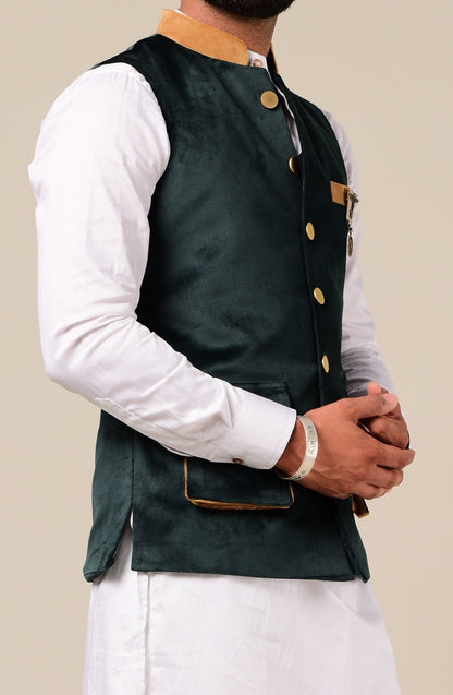 Modishly Styled Puff Pocket Green Velvet Nehru Jacket with White Kurta Pajama