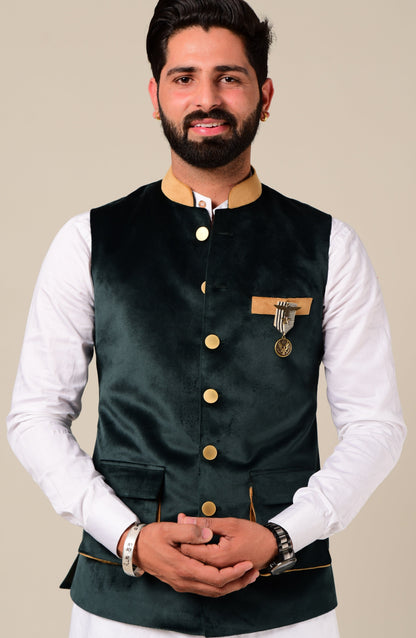 Modishly Styled Puff Pocket Green Velvet Nehru Jacket with White Kurta Pajama