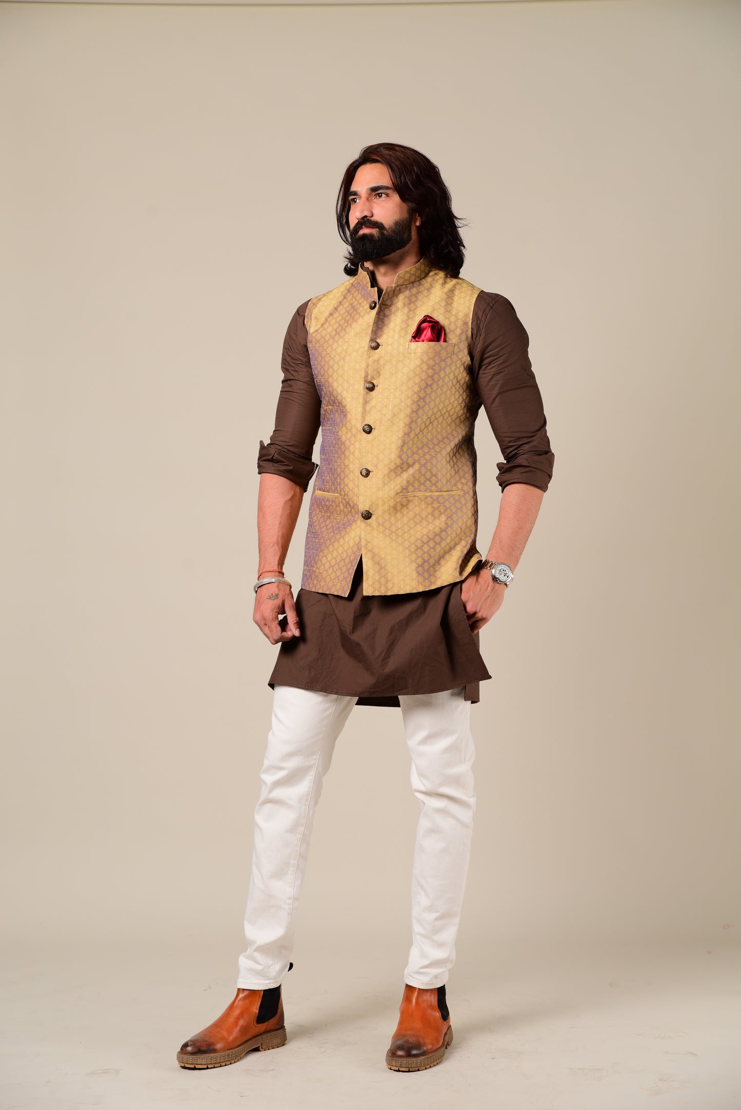 Violet Gold Designer Brocade Half Jodhpuri Jacket With Kurta Pajama Set