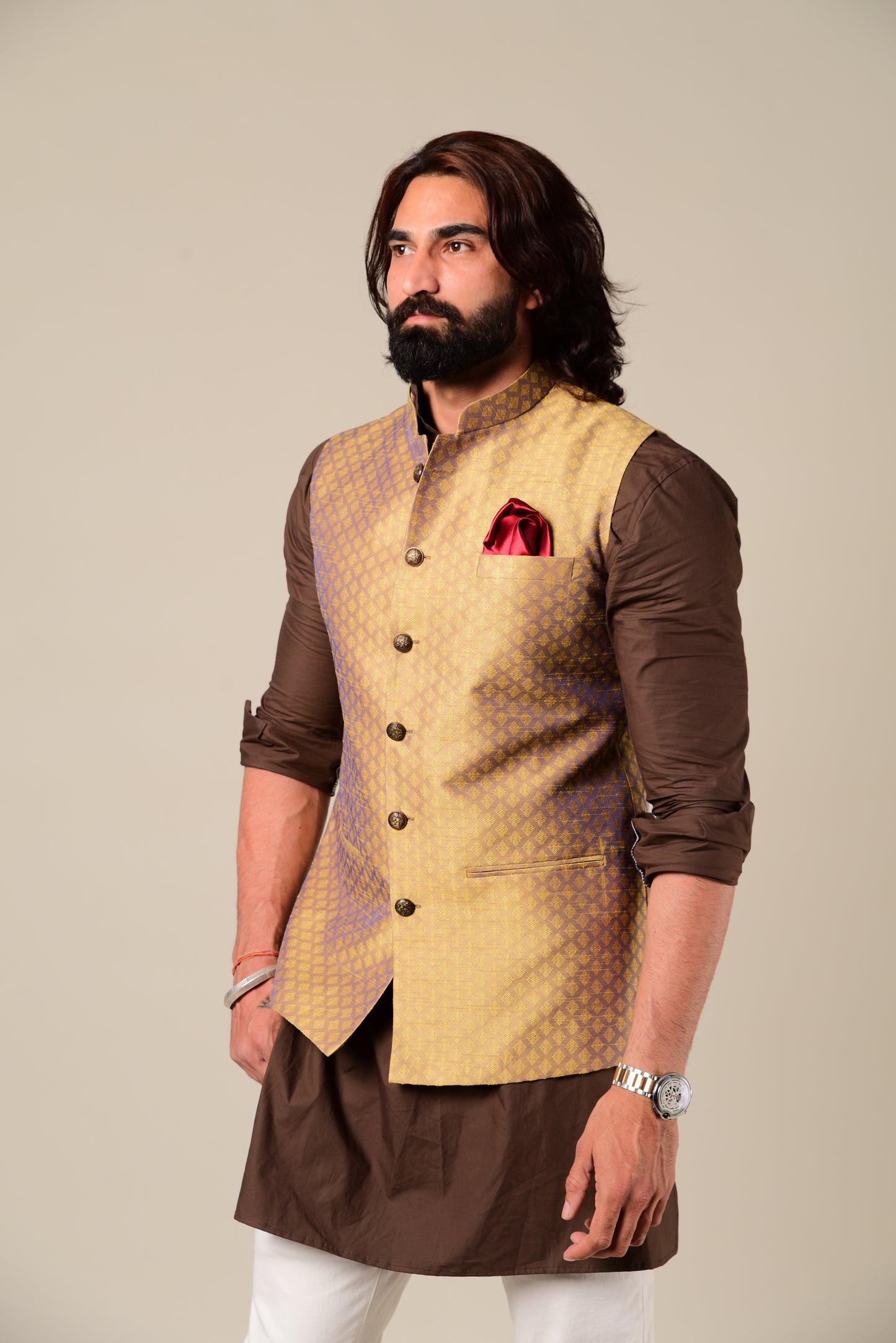 Violet Gold Designer Brocade Half Jodhpuri Jacket With Kurta Pajama Set