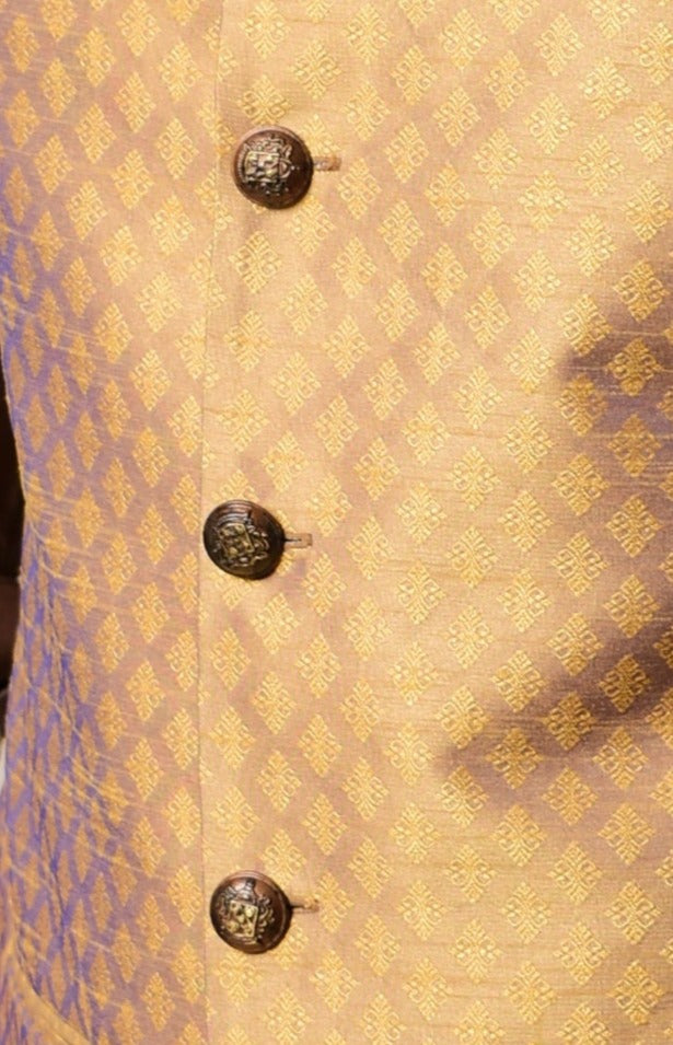 Violet Gold Designer Brocade Half Jodhpuri Jacket With Kurta Pajama Set