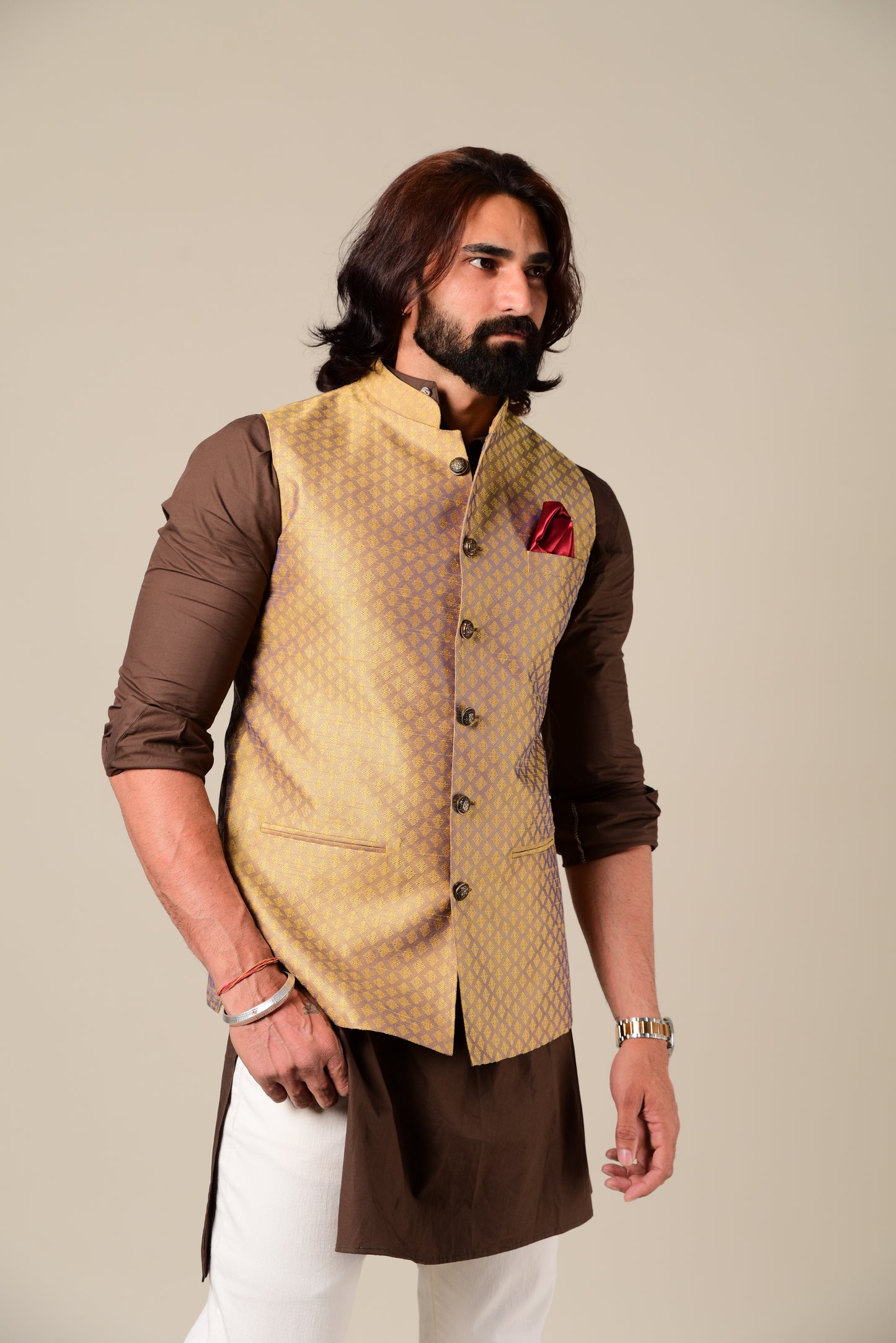 Violet Gold Designer Brocade Half Jodhpuri Jacket With Kurta Pajama Set