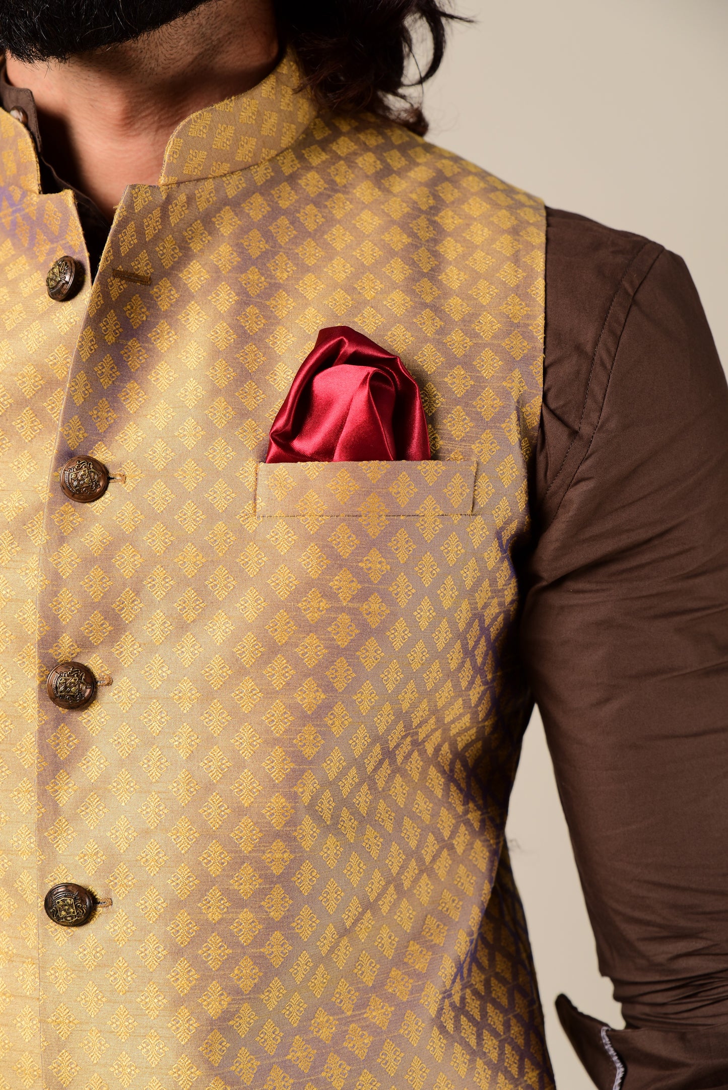 Violet Gold Designer Brocade Half Jodhpuri Jacket With Kurta Pajama Set