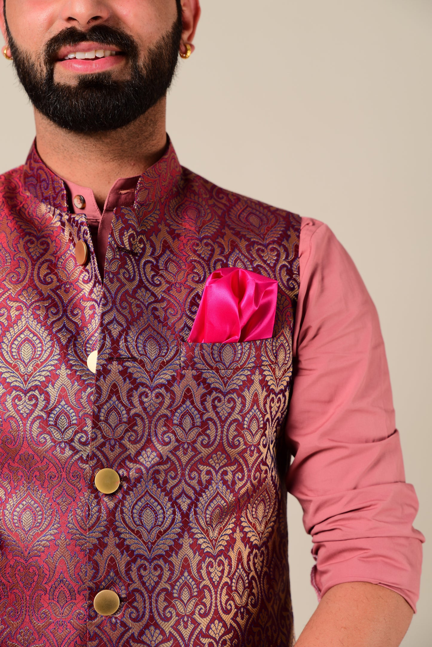 Rosewood Color Kimkhab Half Jodhpuri Jacket With Kurta Pajama Set